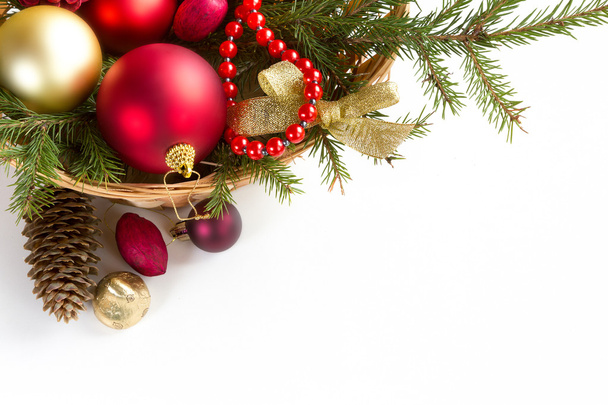 Spruce branches with Christmas decorations. - Zdjęcie, obraz