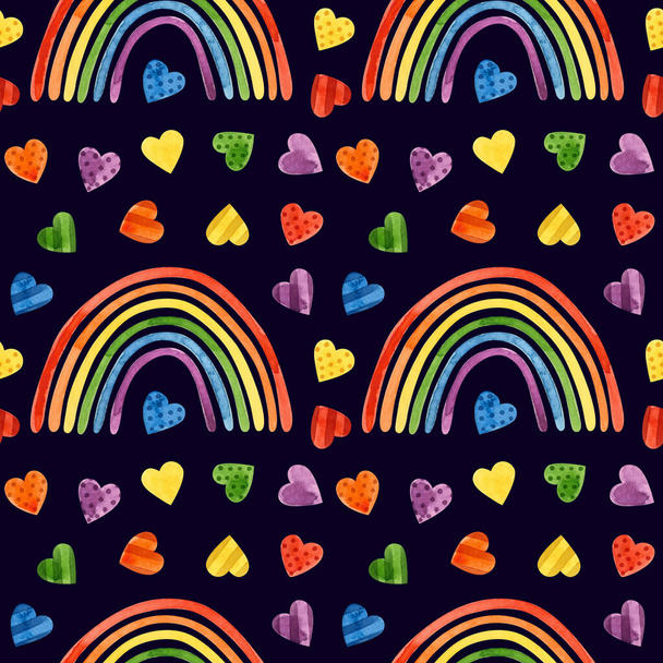 LGBT pride month seamless pattern. LGBT art, rainbow watercolor clipart with hearts  - Photo, Image