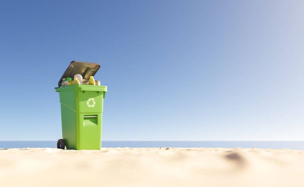 3D-Illustration der grünen Tonne für recycelbaren Plastikmüll am Sandstrand gegenüber dem Meer und wolkenlosem blauen Himmel - Foto, Bild
