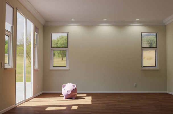 3D Illustration Sparschwein sitzt auf dem Boden des leeren Hauses mit leerer Wand. - Foto, Bild