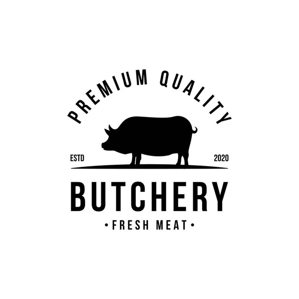 Butcher shop logo vektorové ilustrace. Dobré prase silueta, na farmě nebo v restauraci odznak. Vintage typografie znak design. - Vektor, obrázek