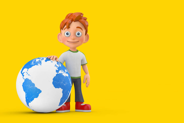 Cartoon Little Boy Teen Person Maskottchen mit Erdkugel auf gelbem Hintergrund. 3D-Darstellung  - Foto, Bild