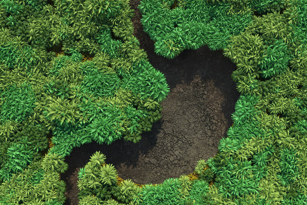 Planeet Gezondheidsconcept. Droge rivier in de vorm van maag-orgel in Green Jungle Forest bovenaanzicht. 3d Rendering  - Foto, afbeelding