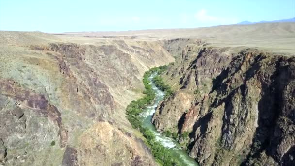 Rocky canyon with a river. Trees grow on the shore. There is a small camp of ecological houses. High cliffs, the river flows like a snake. Aerial view from above. Charyn Canyon. Kazakhstan. - Footage, Video