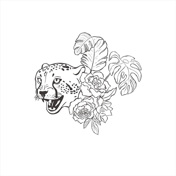 Cheetah with rose flowers on white background. Vector Wild Animal. Safari. - Vektor, Bild