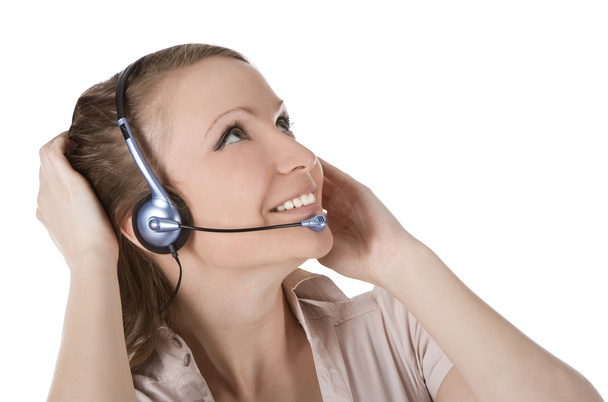 Hermosa mujer operador de servicio al cliente con auriculares
 - Foto, imagen