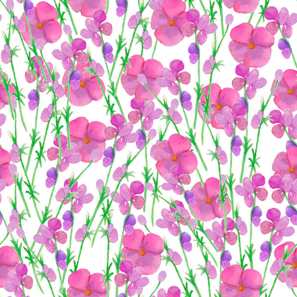 Watercolor hand drawn wild flowers pattern, violet flowers, botanical background, flourish backdrop, isolated flowers - Foto, Imagem