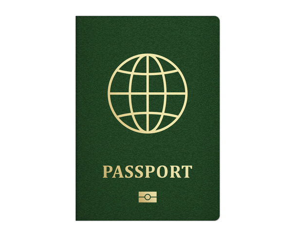 現実的な電子パスポートテンプレート。緑のカバー付き国際パスポート. - ベクター画像