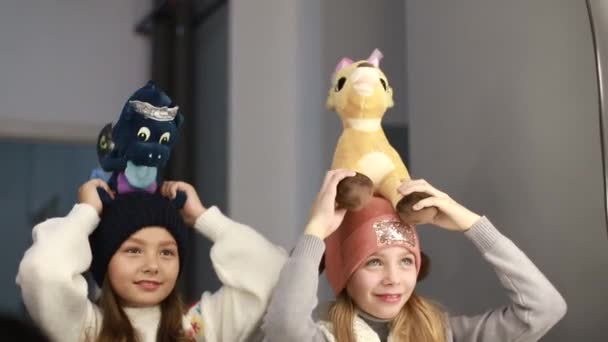Kinderen spelen met zacht speelgoed voor een spiegel, kinderen hebben plezier - Video
