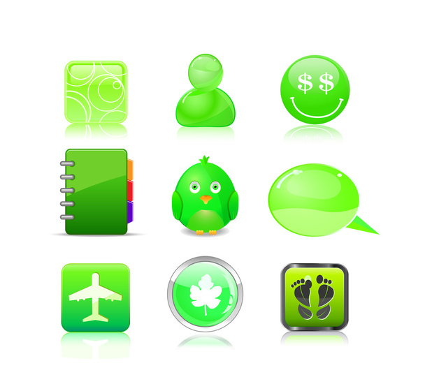Green icon set - avatar, smile, note, bird, chat, leaf, plane, f - Vector, afbeelding