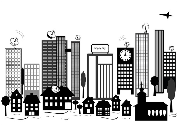 Bannery moderní metropole s venkovskými předměstími a satelity. Černé siluety městských staveb města a vesnice s prostorem pro text ve vektorovém a jpg formátu. - Vektor, obrázek