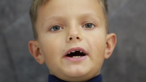 Retrato de niño divertido hablando con la cámara - Metraje, vídeo