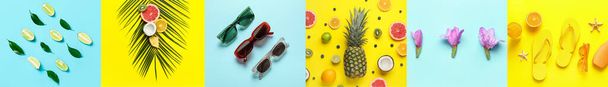 Summer collage of tropical fruits with beach accessories on colorful background - Photo, Image