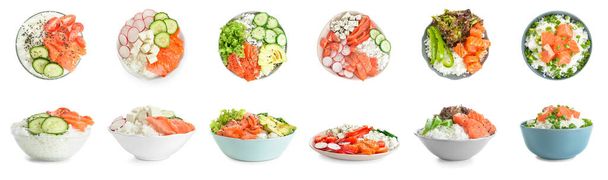 Ensemble de bols à pokee avec riz bouilli, saumon mariné et légumes frais sur fond blanc - Photo, image