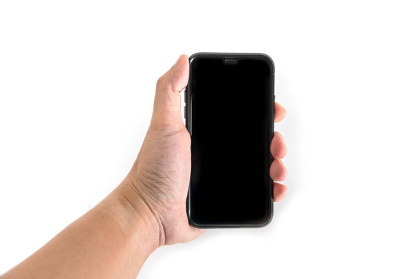 Hand to hold mobile phone isolated on white background - Foto, Imagem