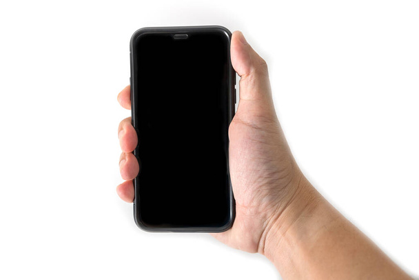 Hand to hold mobile phone isolated on white background - Foto, afbeelding