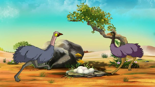 Avestruces en la sabana africana en un día soleado. Fondo de pintura digital, Ilustración. - Foto, imagen