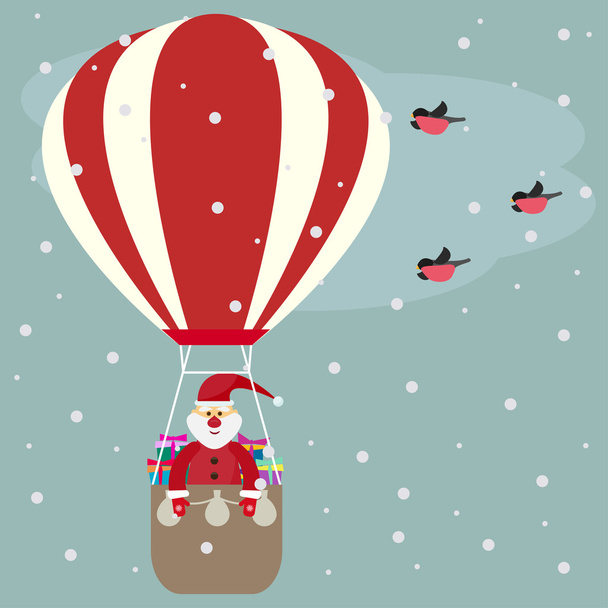 Funny cartoon winter holidays greeting card with Santa Claus flying in a hot air balloon and bullfinch - Vector, Image