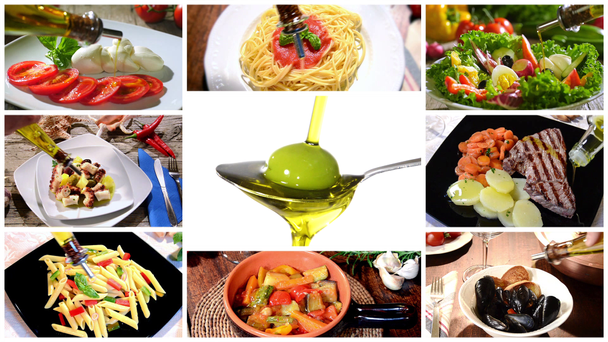 Aceite de oliva en la cocina mediterránea, collage
 - Imágenes, Vídeo