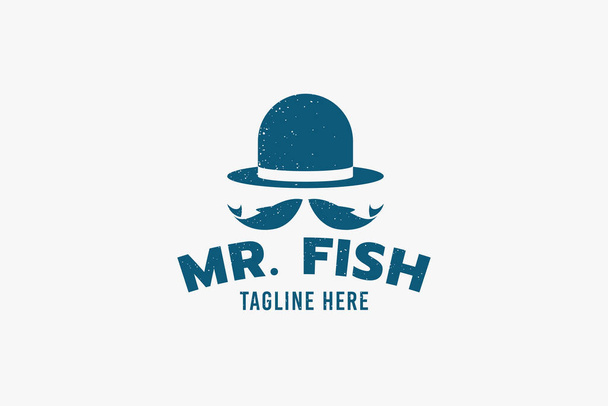 logotipo do peixe mr. com uma combinação de um chapéu, bigode, e peixe. - Vetor, Imagem