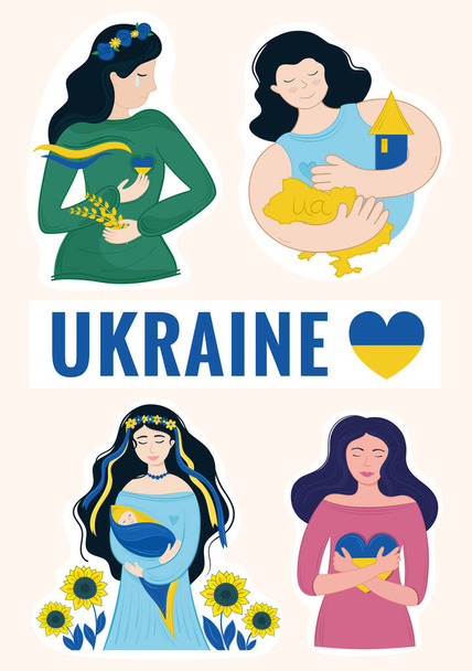 ステッカーパックウクライナのための平和.ウクライナ人ボランティア,ウクライナ人女性,子供,心,ひまわり.戦争を止めなさい。白い隔離された背景で. - ベクター画像