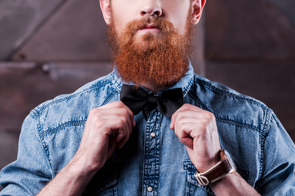 Bearded man adjusting his bow tie - Foto, Imagem
