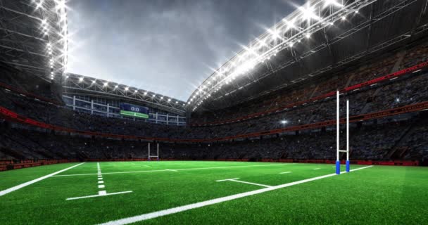  Rugby stadion met doelpalen op hoek uitzicht. Grassige speeltuin en fan menigte op de achtergrond. Digitale 4k video loop voor sport reclame. - Video