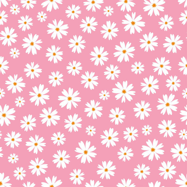 White doodle chamomile or daisy flowers isolated on pink background. Hand drawn floral seamless pattern vector illustration. Great for textile, paper, baby girl, fabric, gift wrap and more. - Vector, Imagen