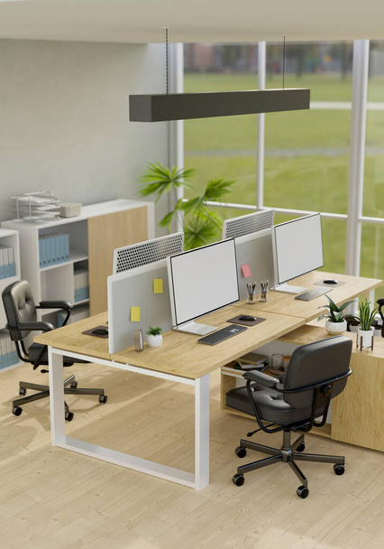 Modern office open workplace with pc computer and accessories on office desk, office chairs and decor. Office room interior design. 3d rendering, 3d illustration - Photo, Image