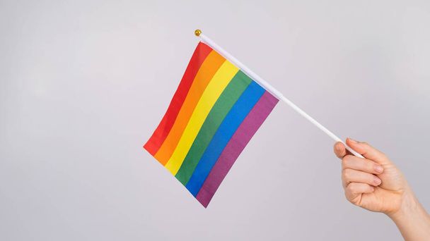 A woman is holding a rainbow flag on a white background. - Zdjęcie, obraz