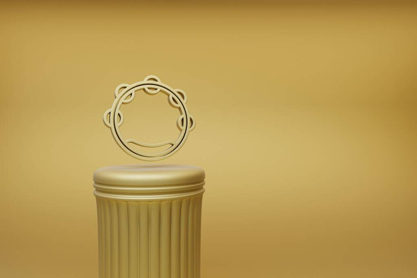 Schöne abstrakte Illustrationen goldene Big Tamburin Musik Symbole auf einer goldenen Säule und wunderbarem Hintergrund. 3D-Darstellung. Hintergrundmuster für Design.  - Foto, Bild