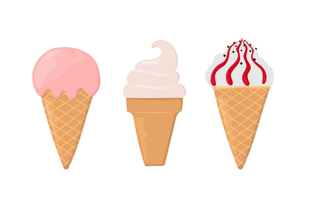 Conjunto de helados dibujados a mano en conos de gofre. Se puede utilizar para póster, impresión, tarjetas y decoración de ropa, para el diseño de alimentos y el logotipo de la tienda de helados - Vector, imagen