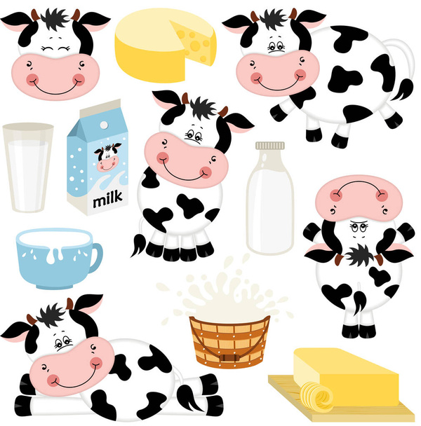 Icons set of dairy food with farm cow milk, cheese and butter - Vector, Image