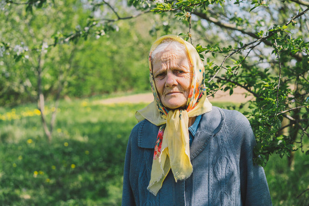 Portret van een oude gelukkige vrouw in een gele hoofddoek. - Foto, afbeelding