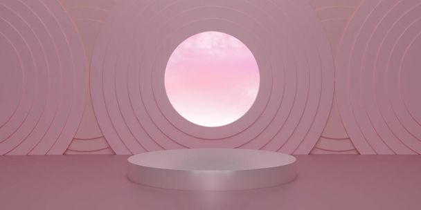 Pedestal redondo rosa brilhante com céu rosa em cenários de estúdio. Exposição em branco rosa ou sala limpa para mostrar o produto. Mockup minimalista para exibição de pódio ou vitrine. Renderização 3D. - Foto, Imagem