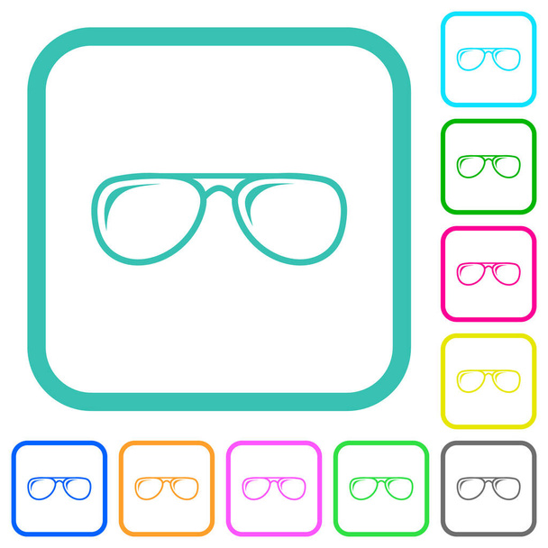 Gafas con brillantes iconos planos de colores vivos en bordes curvos sobre fondo blanco - Vector, Imagen