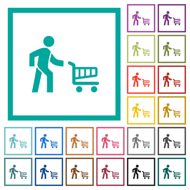 Shopping person with cart flat color icons with quadrant frames on white background - Vector, Image