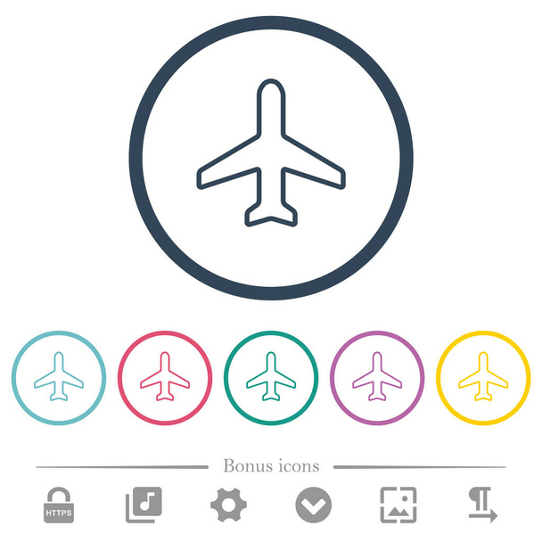 Avião vista superior delinear ícones de cor plana em contornos redondos. 6 ícones de bônus incluídos. - Vetor, Imagem