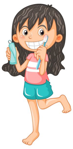 Lindo personaje de dibujos animados chica cepillarse los dientes ilustración - Vector, imagen