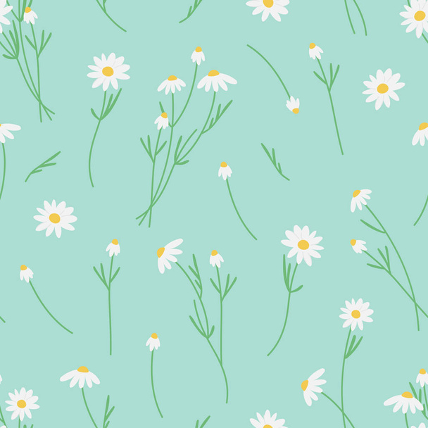 Seamless vector pattern with hand-drawn wild flowers, daisy, camomile - Vecteur, image