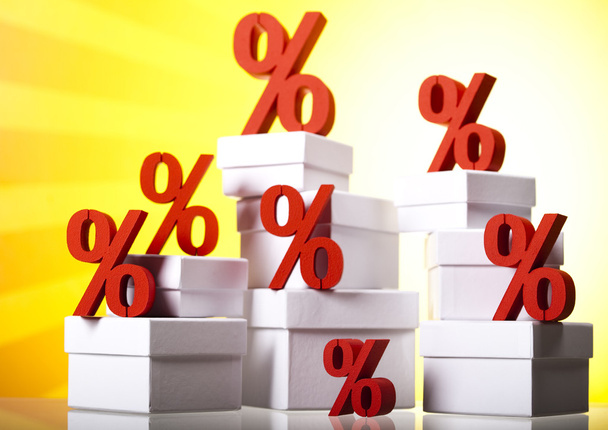 Concept of discount, Percent signs on white boxes on yellow background - Photo, Image