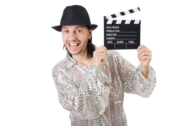 Man with movie clapperboard and hat - Photo, Image