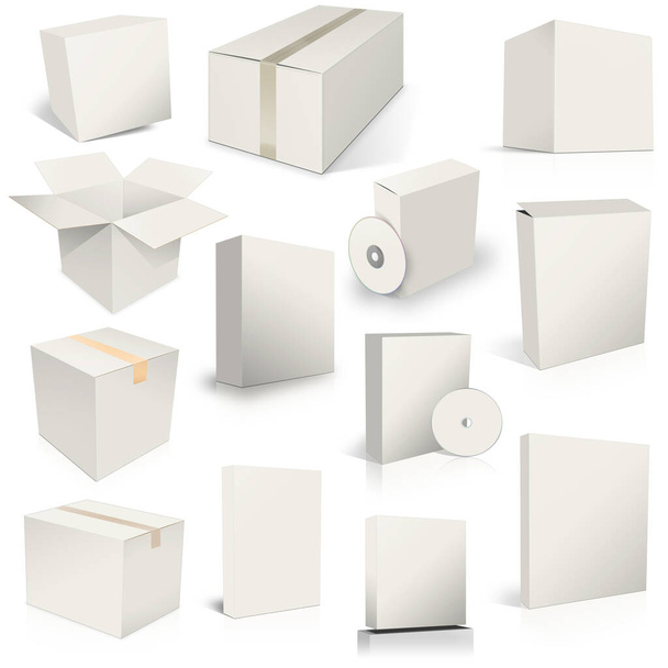 Dreizehn weiße Versandboxen und Software-Boxen für Layouts und Präsentationsdesign. 3D-Rendering. Digital generiertes Bild. Isoliert auf weißem Hintergrund. - Foto, Bild