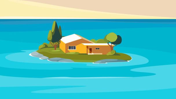 Seascape with orange house on island. Beautiful natural landscape. - Vector, Image