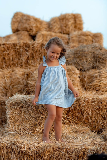 Little girl in a field with hay rolls at sunset - Φωτογραφία, εικόνα