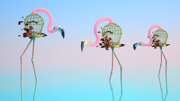  Flamingo wykonane z klatki dla ptaków - Zdjęcie, obraz