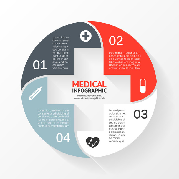 Διάνυσμα κύκλο infographic σύμβολο "συν". Πρότυπο για το διάγραμμα, γραφική παράσταση, την παρουσίαση και γράφημα. Ιατρική έννοια υγειονομικής περίθαλψης με 4 επιλογές, τμήματα, βήματα ή διαδικασίες. Αφηρημένα φόντο. - Διάνυσμα, εικόνα