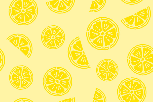 フレッシュレモンとシームレスな明るい黄色のパターン。メニューやカフェ、ファブリック、図面ラベル、 Tシャツプリント、レストラン、果物の背景のための.  - ベクター画像