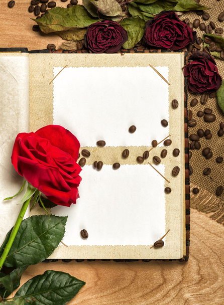 álbum de fotos y rosas rojas en semillas de café
 - Foto, Imagen