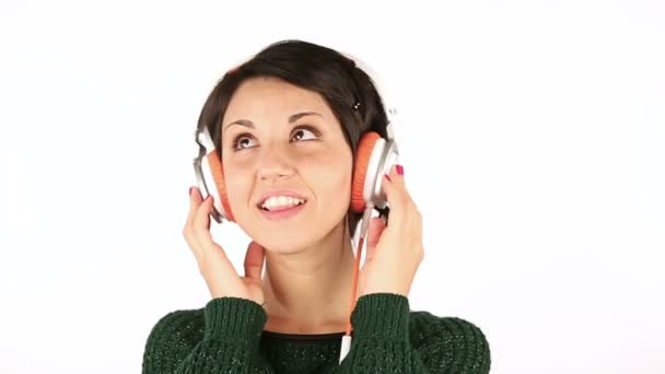 ,Smiling Young Woman Listening Music with Headphones - Filmagem, Vídeo